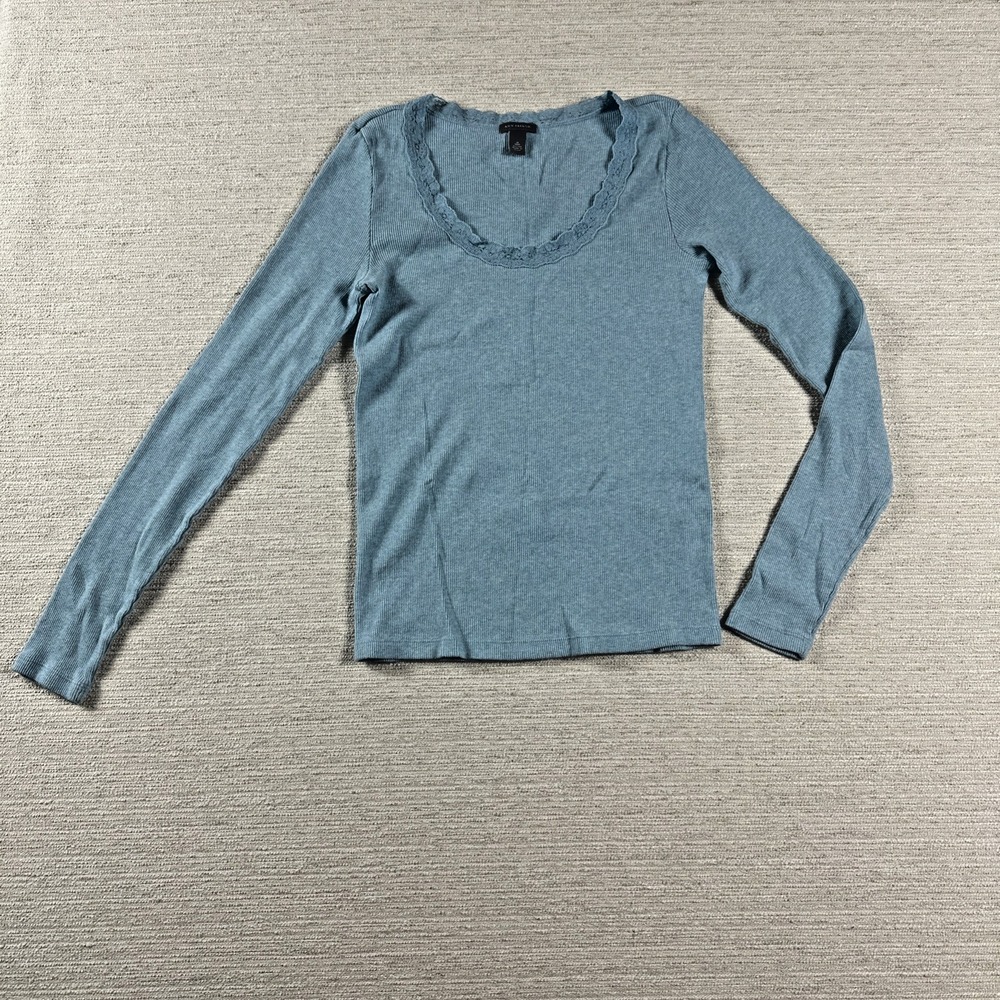 Ann Taylor Coquette Balletcore Lace Trim Ribbed Blue Long Sleeve Top M Y2K